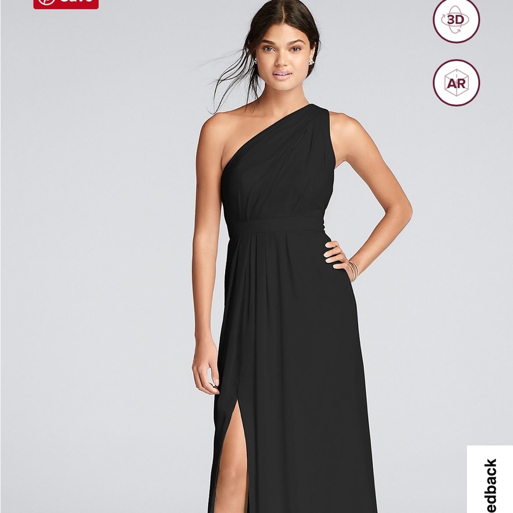 David’s Bridal long one-shoulder crinkle chiffon dress (black) with slit.